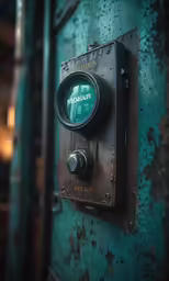 an old metal door with a green window