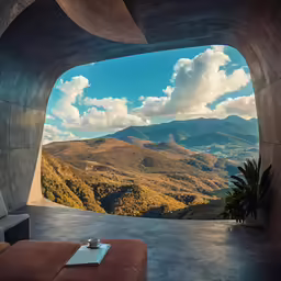 a living room with mountain view from a large window