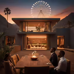 two people sit at the table with the ferris wheel in the background