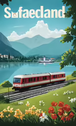 a poster depicting a train passing on a railroad track