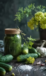 a glass jar with pickles and other vegetables