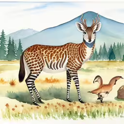 a drawing of a wild animal standing next to some bushes and trees,a painting of some kind of giraffe and an antelope