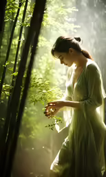 a woman in white dress walking through the woods