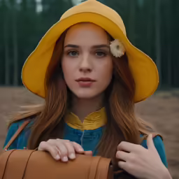 a girl with red hair, a blue shirt, and yellow hat holding a brown purse in a field