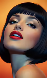 a woman in red and black make up has her hair back to the face
