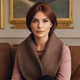 woman wearing brown shawl sitting in a tan chair