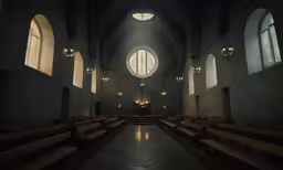 a dark room with two large windows and pews