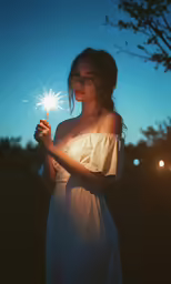 woman wearing white dress standing outdoors holding a sparkler