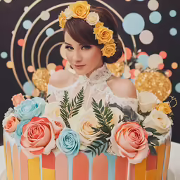 a woman holding a cake decorated with yellow and orange flowers