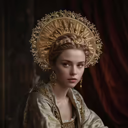 a young woman with a golden headpiece standing next to a red curtain