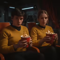 two people are sitting with cups of beverages