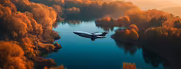 a large jetliner flying through a lush green forest
