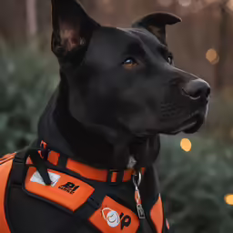 a dog wearing an orange vest on top of its back