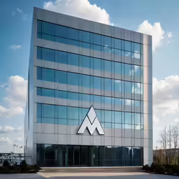 an empty building with mirrored windows and a triangular logo