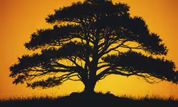 the silhouette of a large tree in the distance,a big tree with lots of leaves in the shade