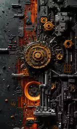 there is an artistic sculpture that resembles machine wheels