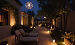 a patio filled with lots of lawn furniture