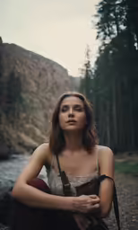 a woman with dark hair poses for a photograph near a mountain stream