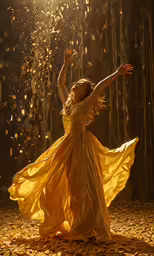 a little girl wearing a yellow dress and a gold dress is standing on the ground in a forest