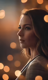 a woman is shown with golden lights in the background