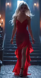 a woman walking down a stairs in a red dress