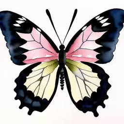 watercolor painting of a butterfly, pink, blue, white,a pink and black butterfly sitting on a white surface,this is a watercolor painting of a butterfly,a painted picture of a butterfly with pink wings,a colorful butterfly that is on a white background