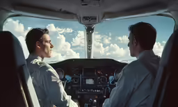 two men sitting in the cockpit of a plane