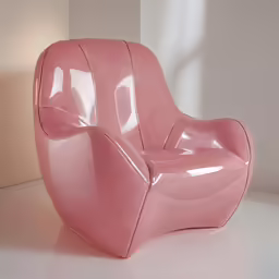 a pink chair in a room with white walls