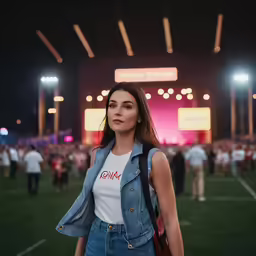 a woman stands alone in a stadium at night