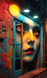 an image of a womans face is projected on the wall in a tunnel