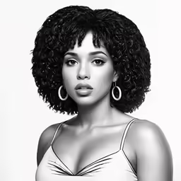 an afro woman with a bra and big hoop earrings