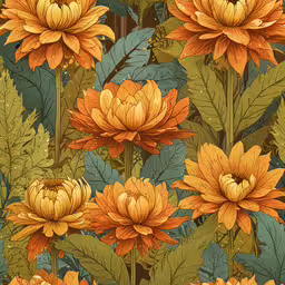 a lot of large flowers that are on a table,an orange flower that is on the side of a green and yellow background