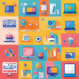 the images are made of different things with colors,two rows of colorful posters with laptops and other objects