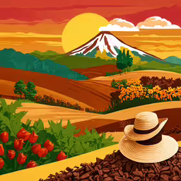 a picture of a sun setting with a view of mountains,a straw hat sitting on top of some soil