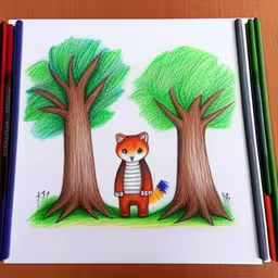 a drawing on paper of a fox and trees