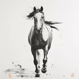 the horse is galloping across the field in black and white