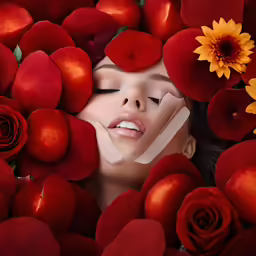 the woman is surrounded by flowers and petals