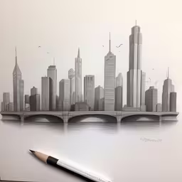 a drawing of the city skyline in pencil,a drawing with pencil on paper with buildings and birds