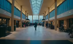 a large lobby with people walking around in it
