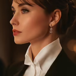 a woman wearing a dress and earring with large earrings on her neck