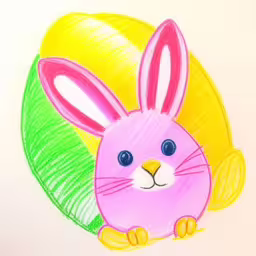 there is a drawing of a pink rabbit next to the basket,the image depicts a drawing of a little bunny