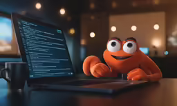 a stuffed orange animal sitting in front of a laptop