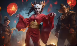 two men in costumes and masks are near fire