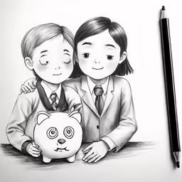a drawing of two people holding a cat