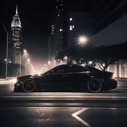 a black car in a dark city at night