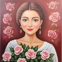 a woman with a bouquet of roses on her chest,a painting of a woman with large pink roses