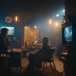 a young couple is watching a television program in the dark