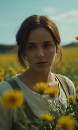 a young woman standing among the sunflowers in a field