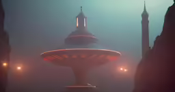 a big statue with a sky background and lights
