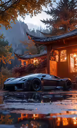 a vehicle sitting in front of a japanese temple